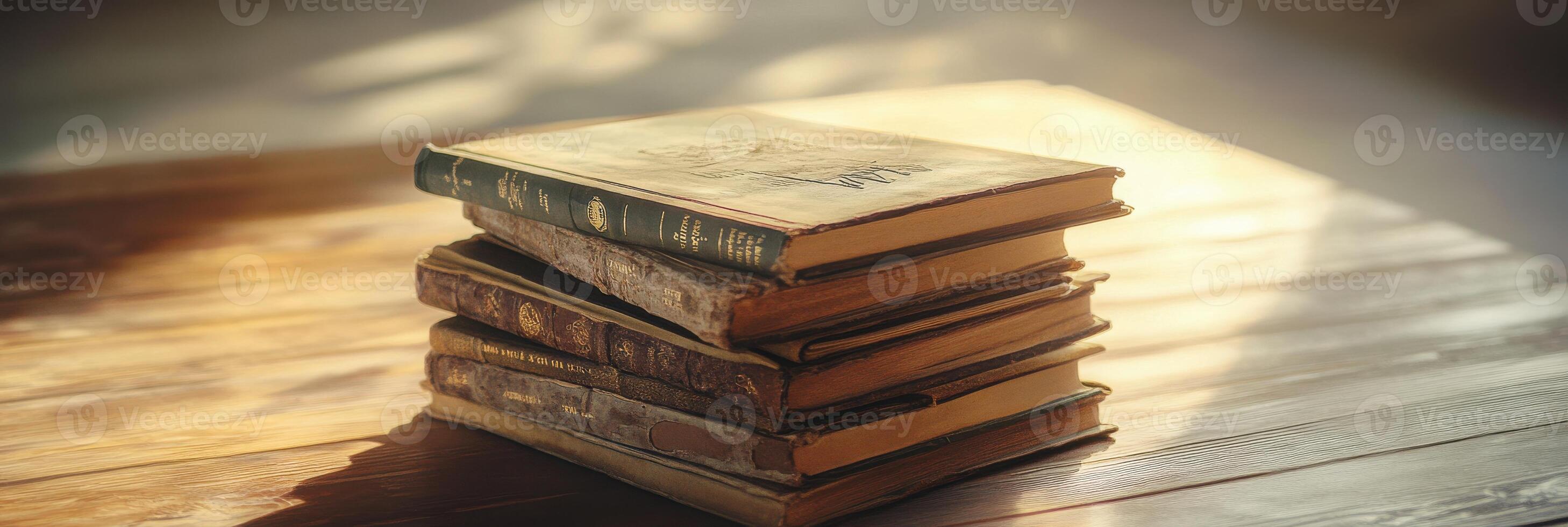 Stack of old books on wooden table with sunlight filtering through photo