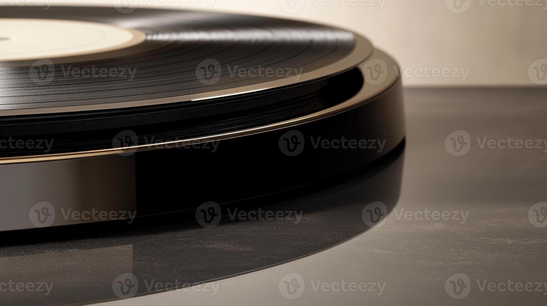 Close-up of vinyl record player with glossy black turntable surface photo