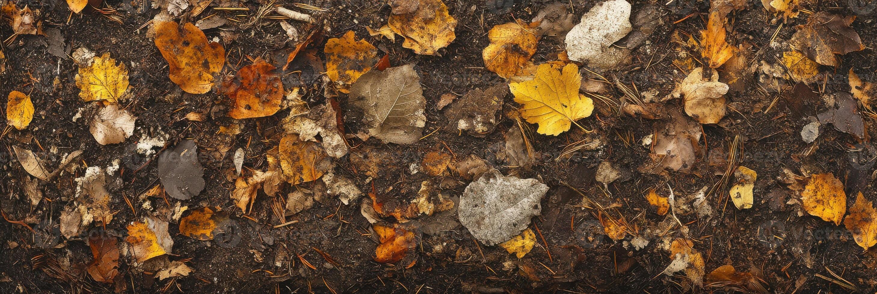 Top view of fallen autumn leaves on forest ground capturing seasonal beauty photo