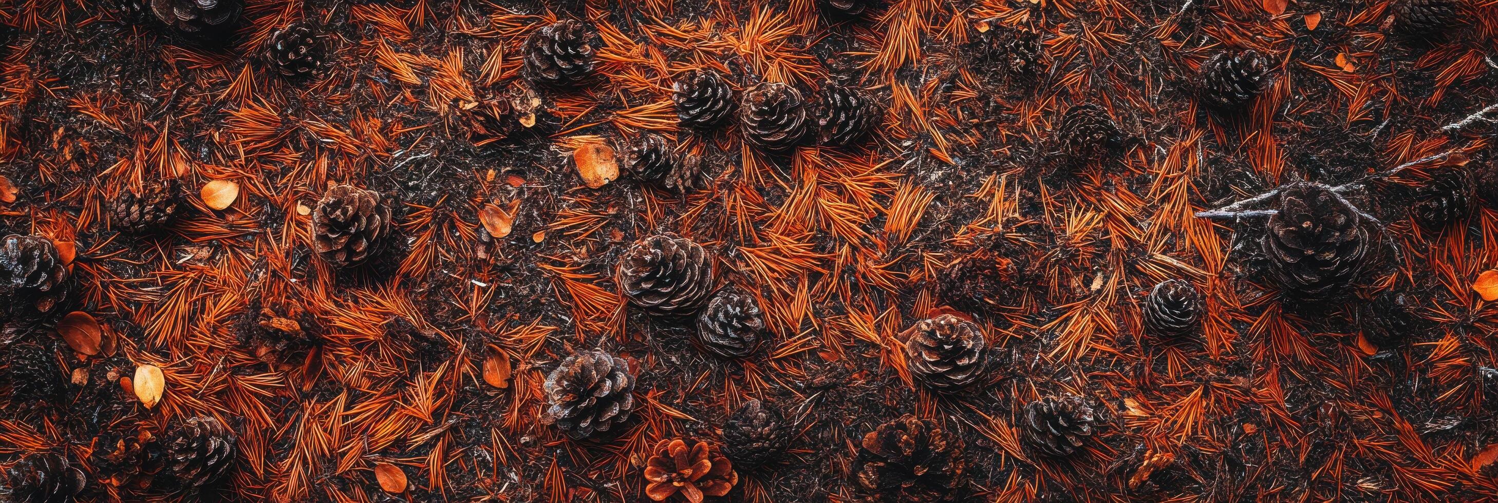 Pinecones and autumn leaves creating a textured forest floor pattern photo