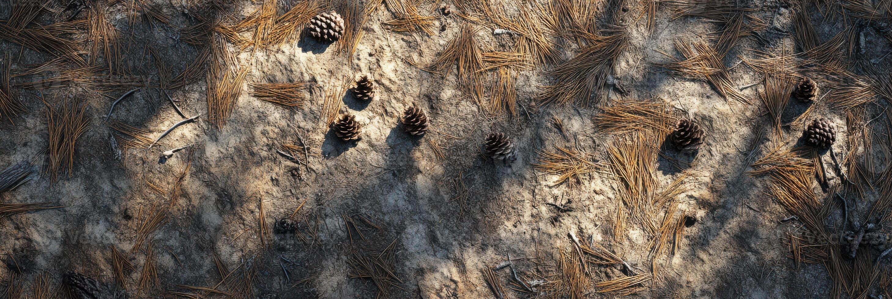 Pinecone and pine needle pattern on forest floor captured in sunlight photo