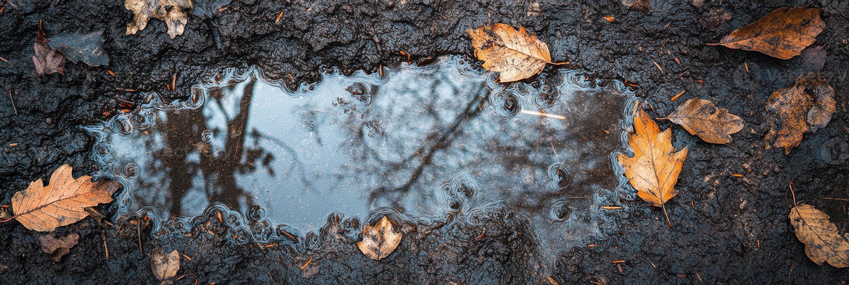 Rainy autumn day with fallen leaves surrounding a reflective puddle on muddy ground photo