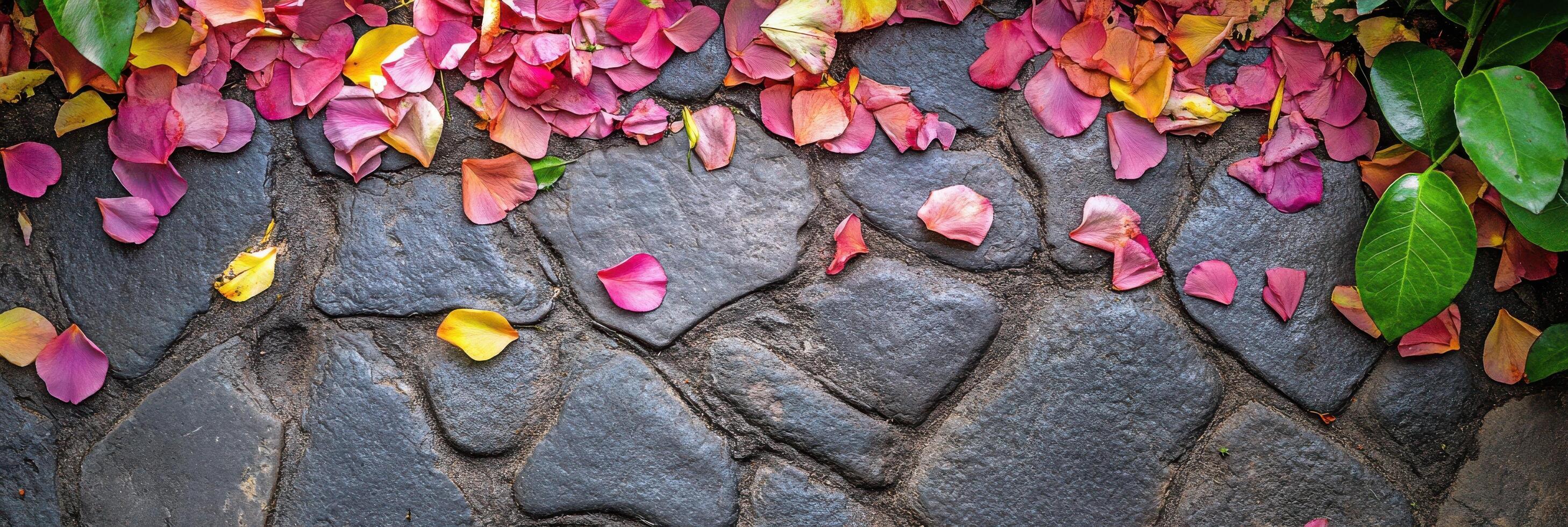 Vibrant rose petals on stone pathway creating a lively nature scene photo