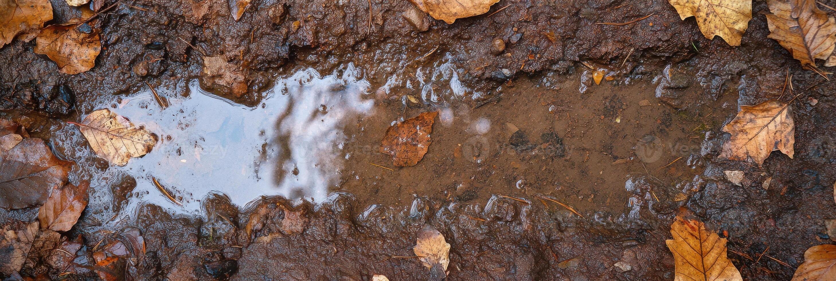 Autumn leaves surrounding a muddy puddle in a forest pathway photo