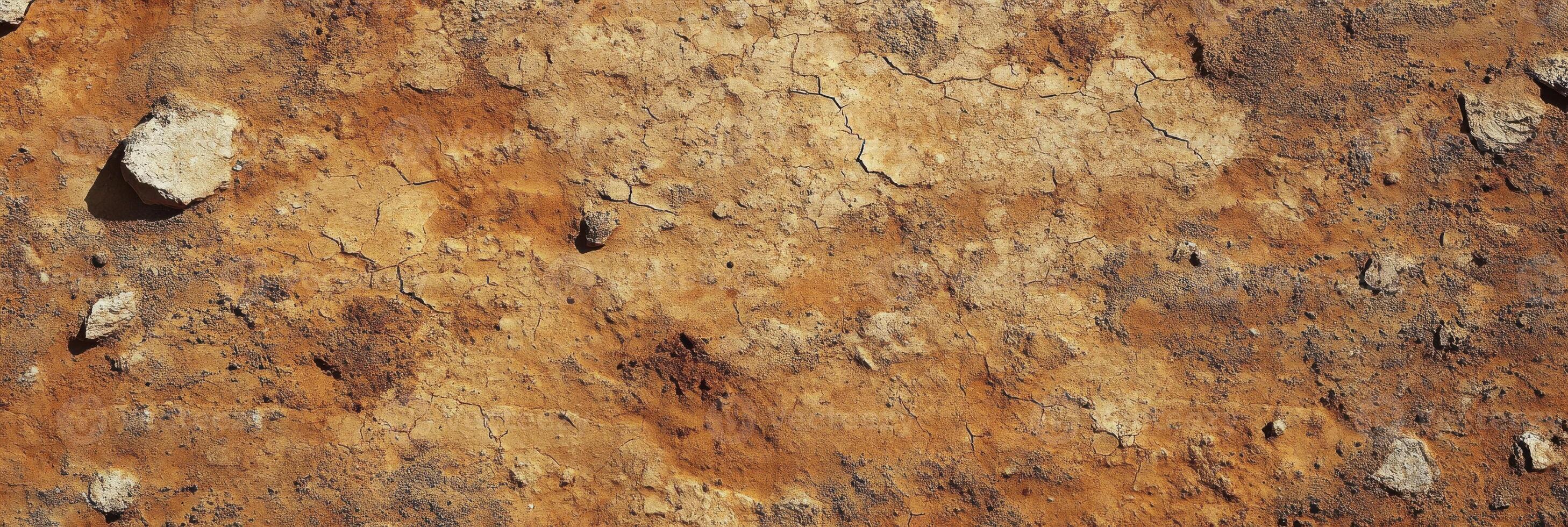 Rough texture of dry cracked earth with stone elements in uncultivated land photo