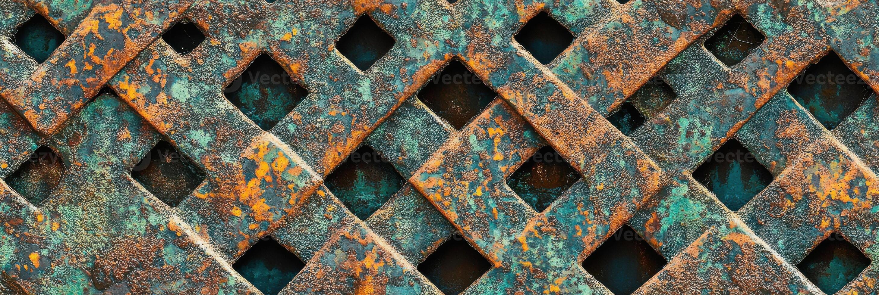 Weathered metal grid with rust and patina forming geometric lattice pattern photo