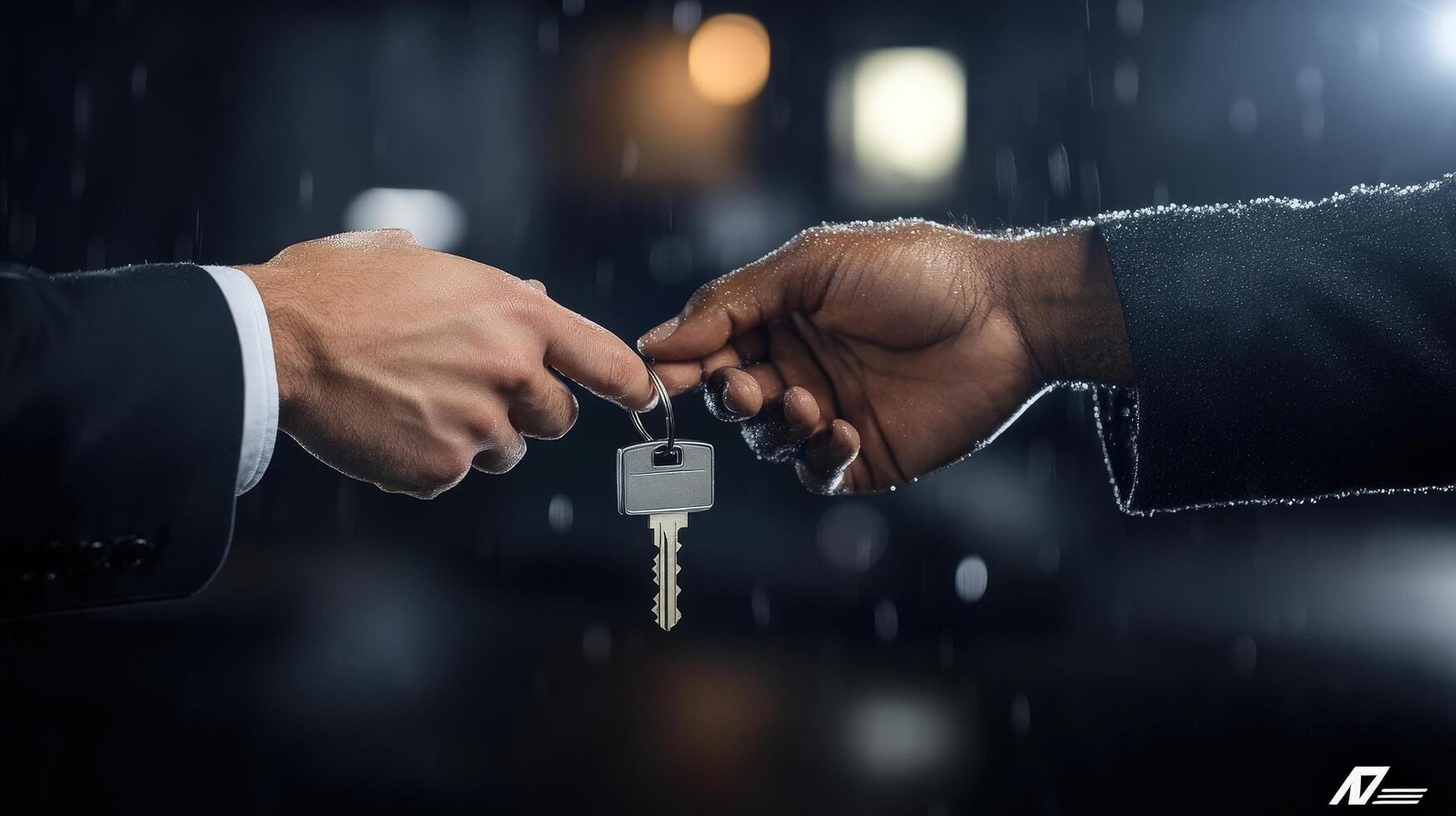 Key Exchange Between Hands in Rainy Urban Environment at Night photo