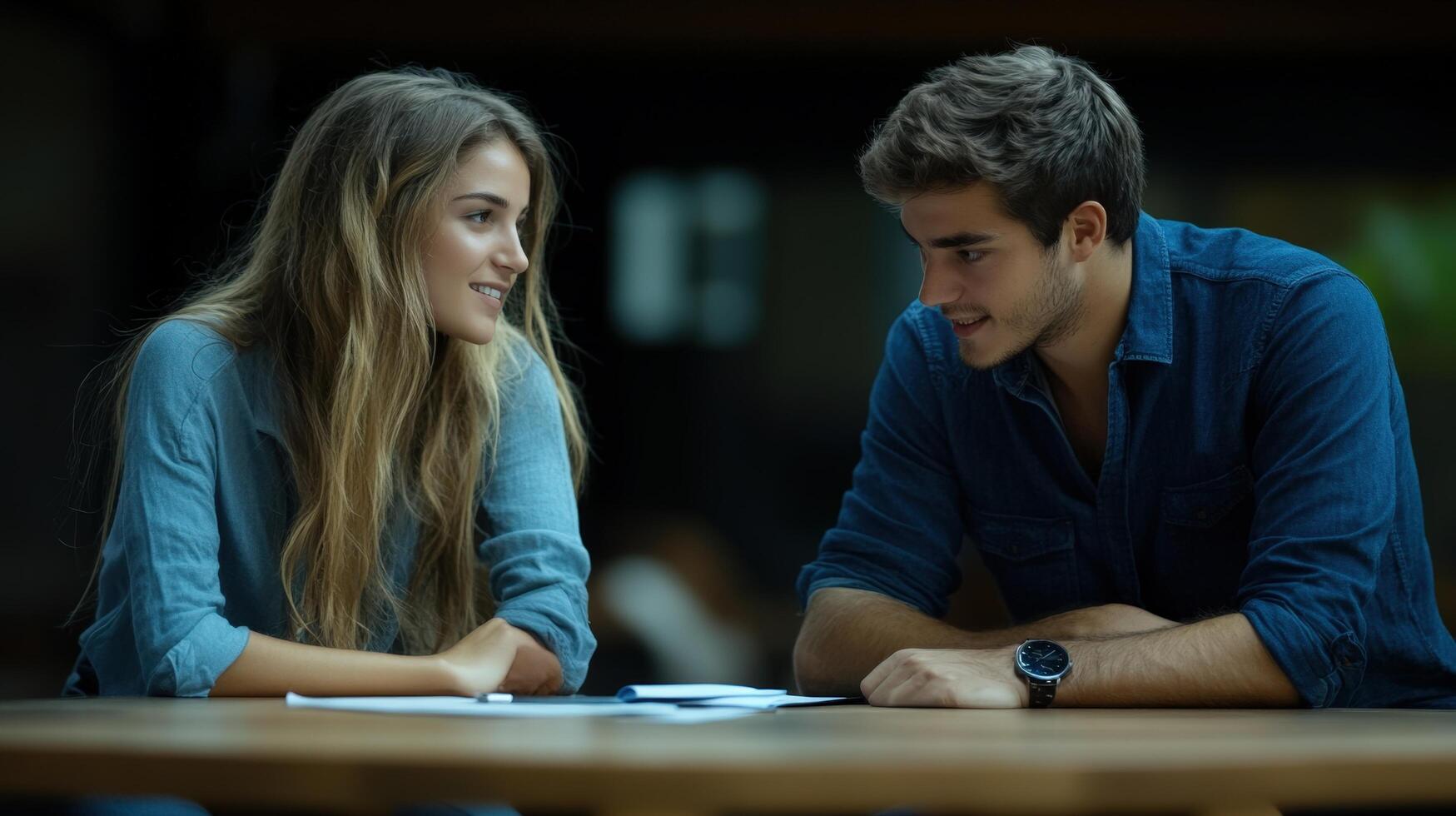 Young Couple Engaging in Conversation at a Cozy Cafe Setting photo