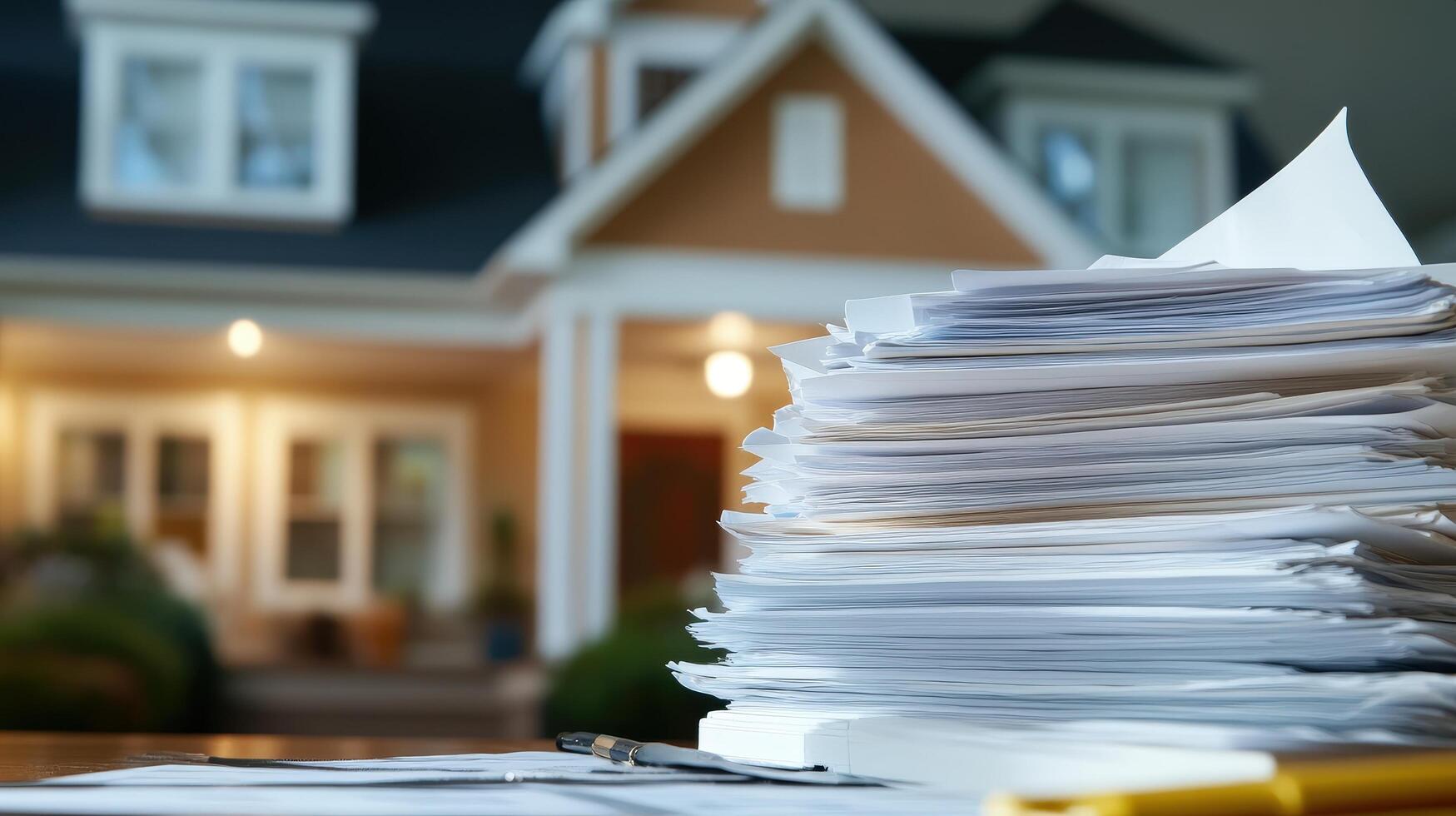 Pile of Documents in Foreground with House in Background View photo