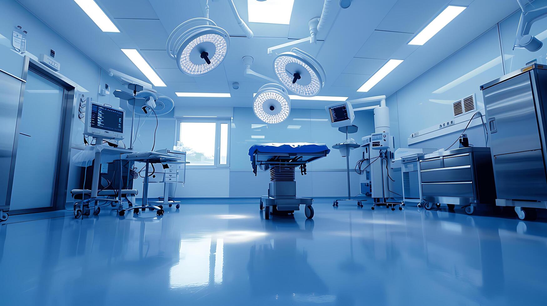 Modern Surgical Room with Advanced Medical Equipment, Sterile Environment, Ceiling Lights, and Hospital Bed Ready for Procedures and Operations photo