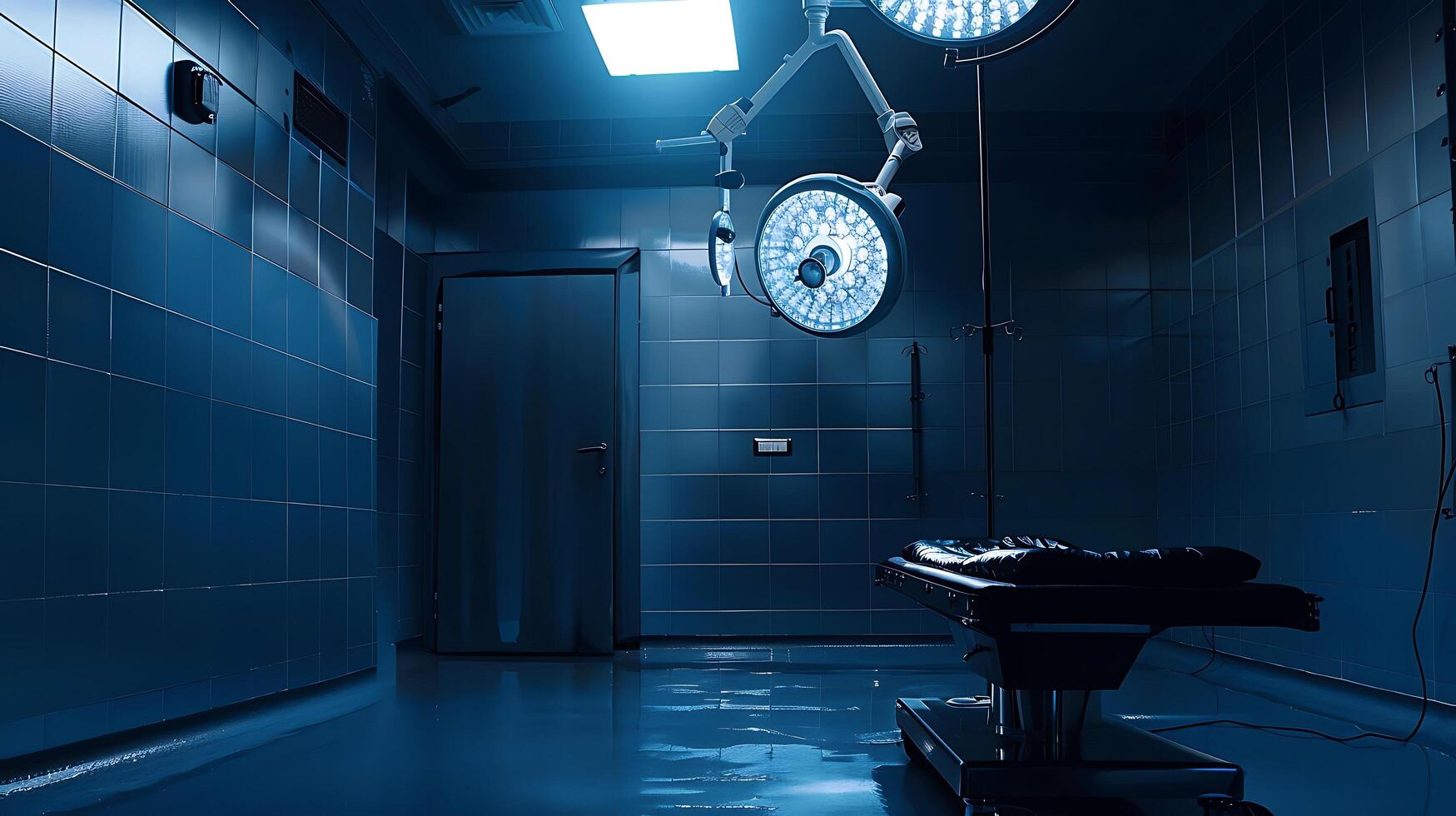 Dimly Lit Surgical Room with Bright Operating Lights, Conveying a Sense of Sterility and Precision in Medical Environments for Health Care Illustrations photo