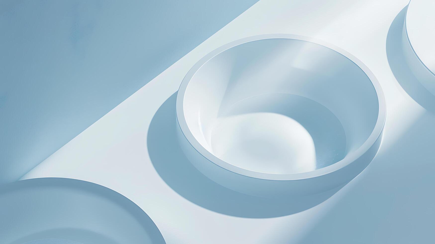 Minimalist Composition of Three Circular White Bowls on a Soft Blue Background with Subtle Shadows and Light Reflections Creating a Calm and Serene Atmosphere photo