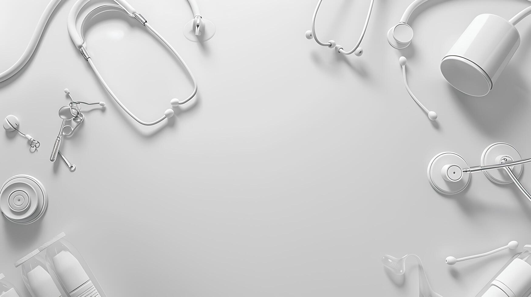 Clean and Minimalist Medical Workspace with Stethoscope, Dental Tools, Thermometer and Healthcare Accessories on a Soft Grey Background photo