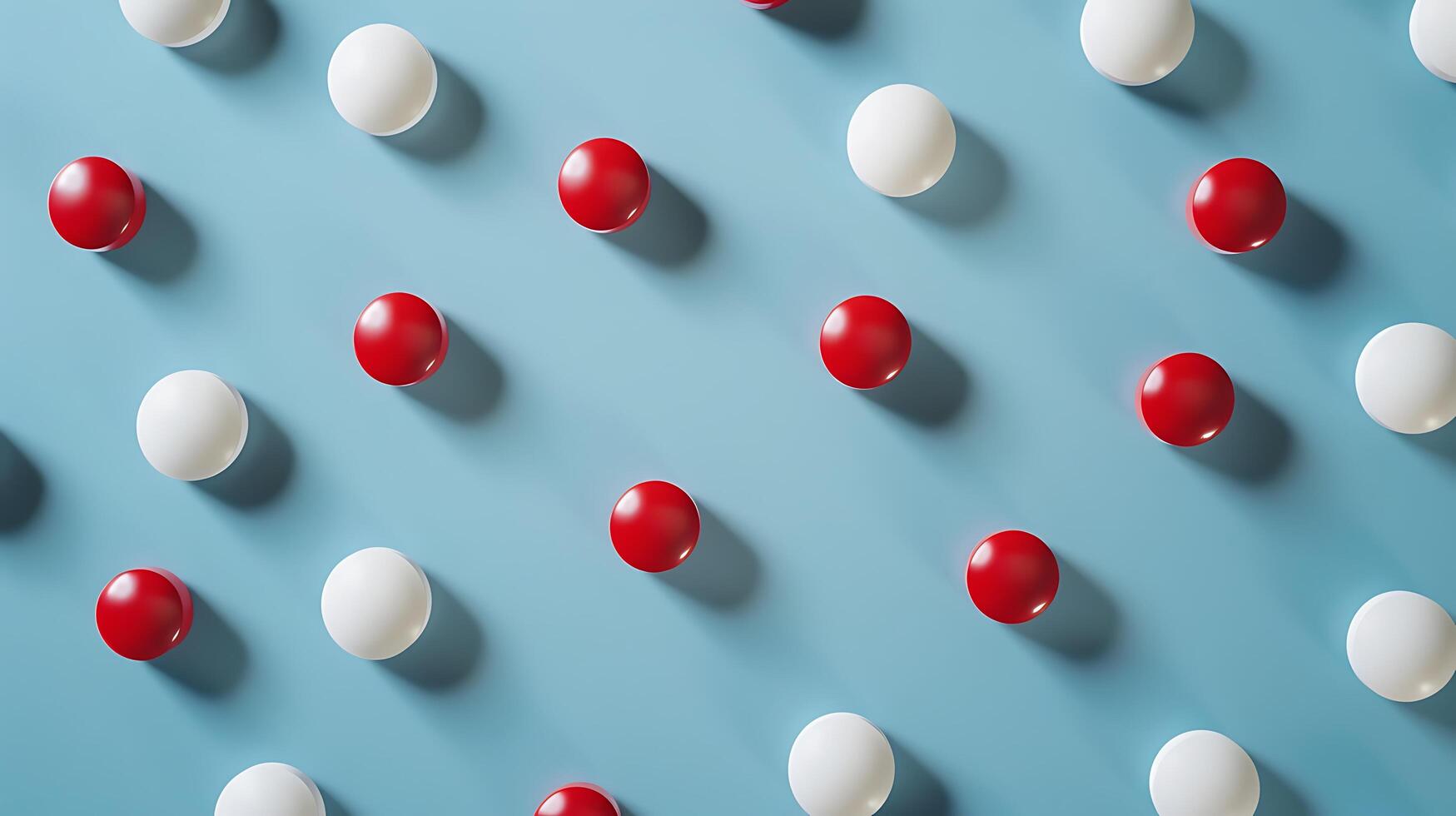 Colorful Arrangement of Red and White Ping Pong Balls on Light Blue Background with Dynamic Shadows and Symmetrical Pattern for Creative Visuals photo