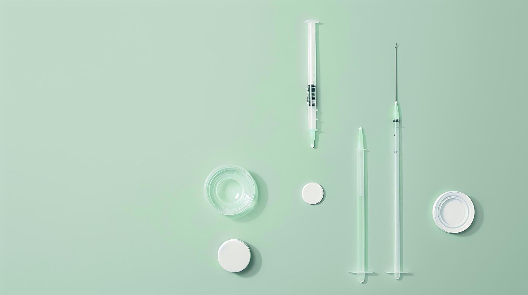 Medical Equipment Layout with Syringes, Vials, and Cap on Soft Green Background for Healthcare and Pharmaceutical Use photo