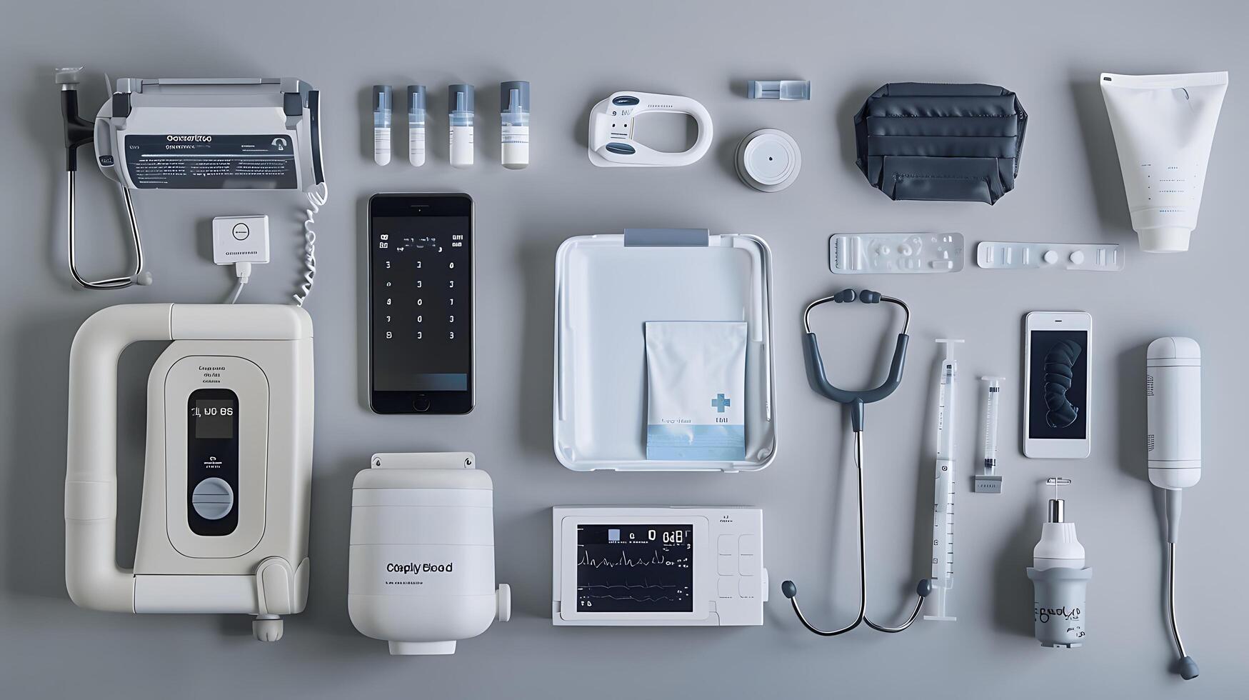 A Comprehensive Arrangement of Modern Medical Equipment and Tools for Healthcare Professionals Featuring Various Instruments and Devices on a Gray Background photo