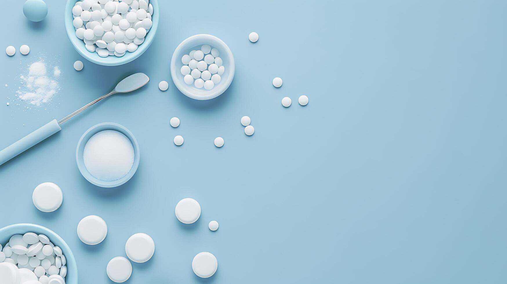 Clean and Minimalist Composition of White Pills and Dust on Light Blue Background Featuring Bowls and a Spoon for Health and Wellness Themes photo