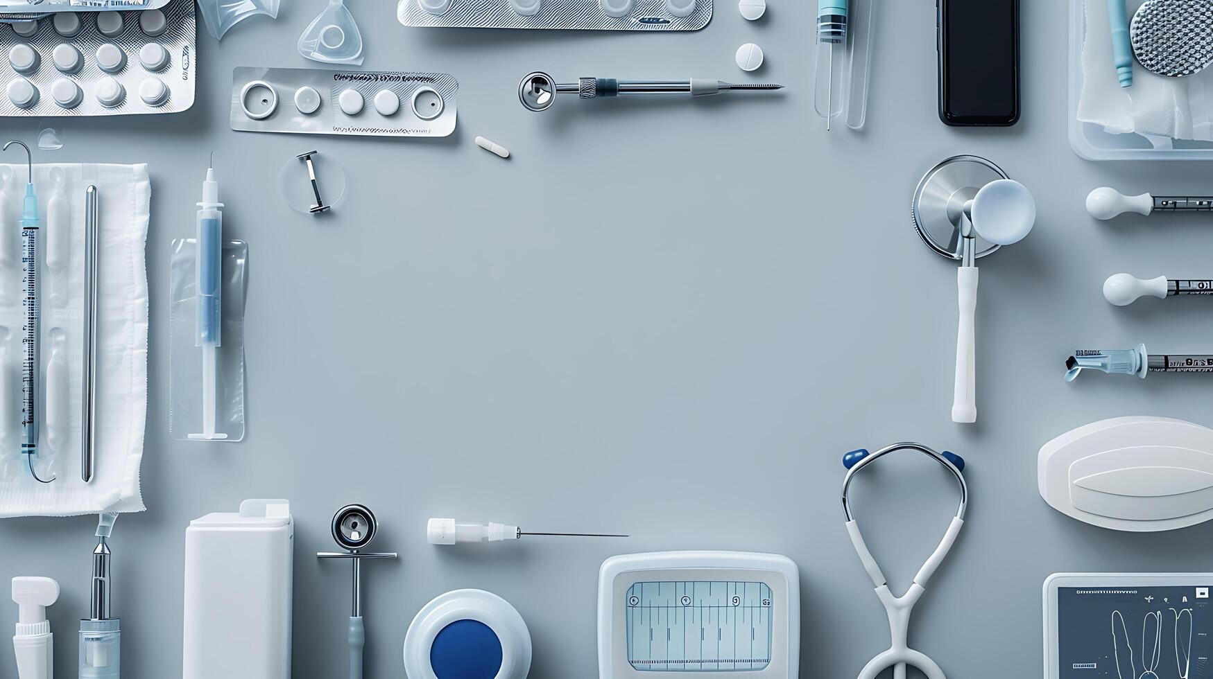 High-Quality Medical Supplies on a Light Gray Background Featuring Syringes, Vials, Stethoscopes, and Various Healthcare Instruments Perfect for Health Industry Use photo