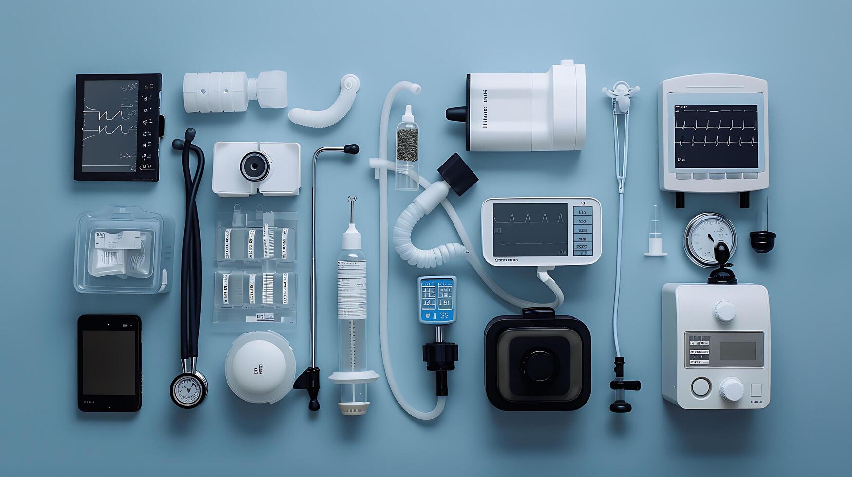 Medical Equipment and Devices Arrangement on Blue Background Featuring Monitor, Syringe, Camera, Infusion Pump, and Various Healthcare Tools for Clinical Use photo