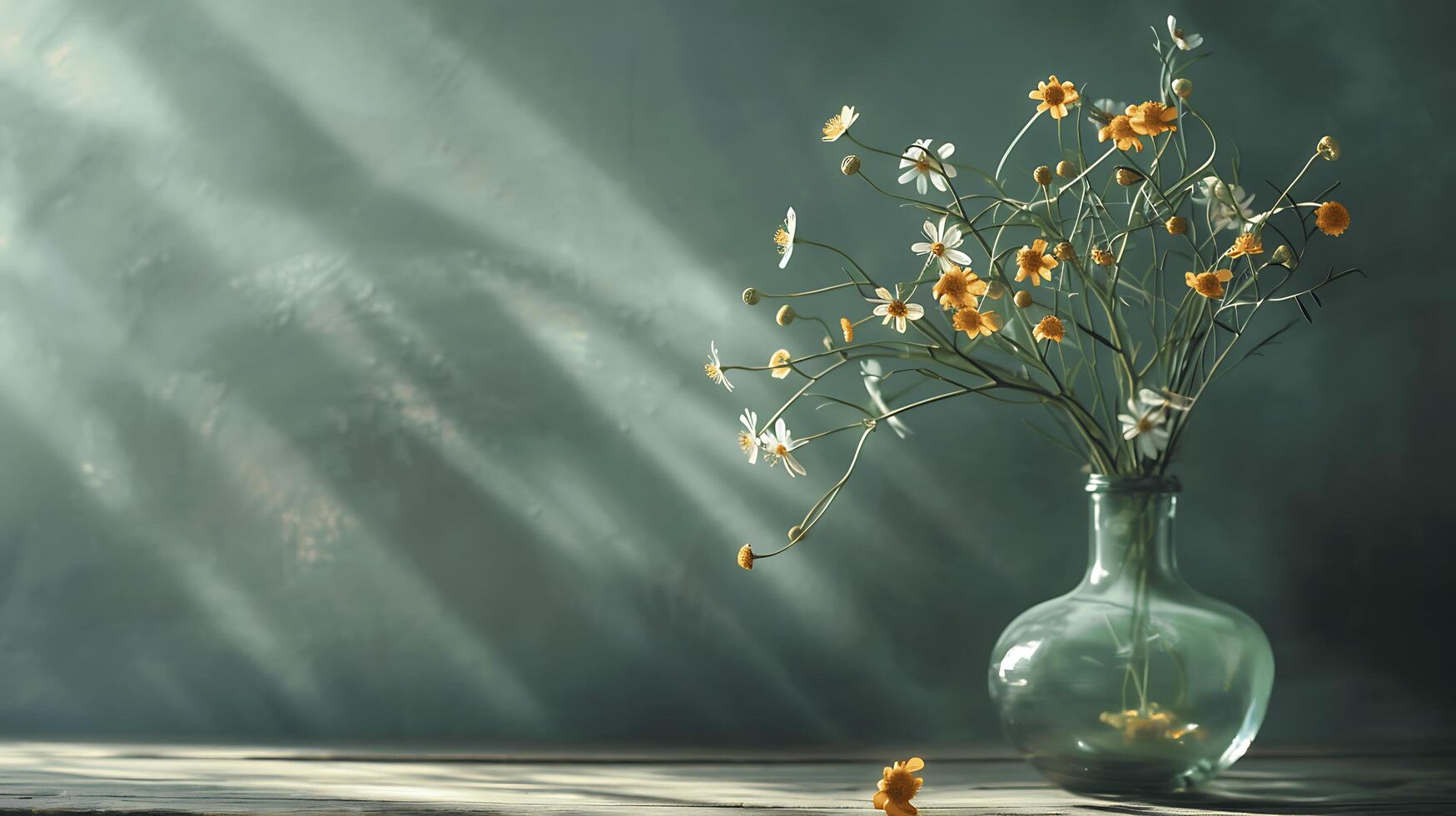 Delicate Wildflowers in a Glass Vase with Soft Light Rays and a Gentle Background Creating a Serene and Peaceful Atmosphere for Nature Lovers photo
