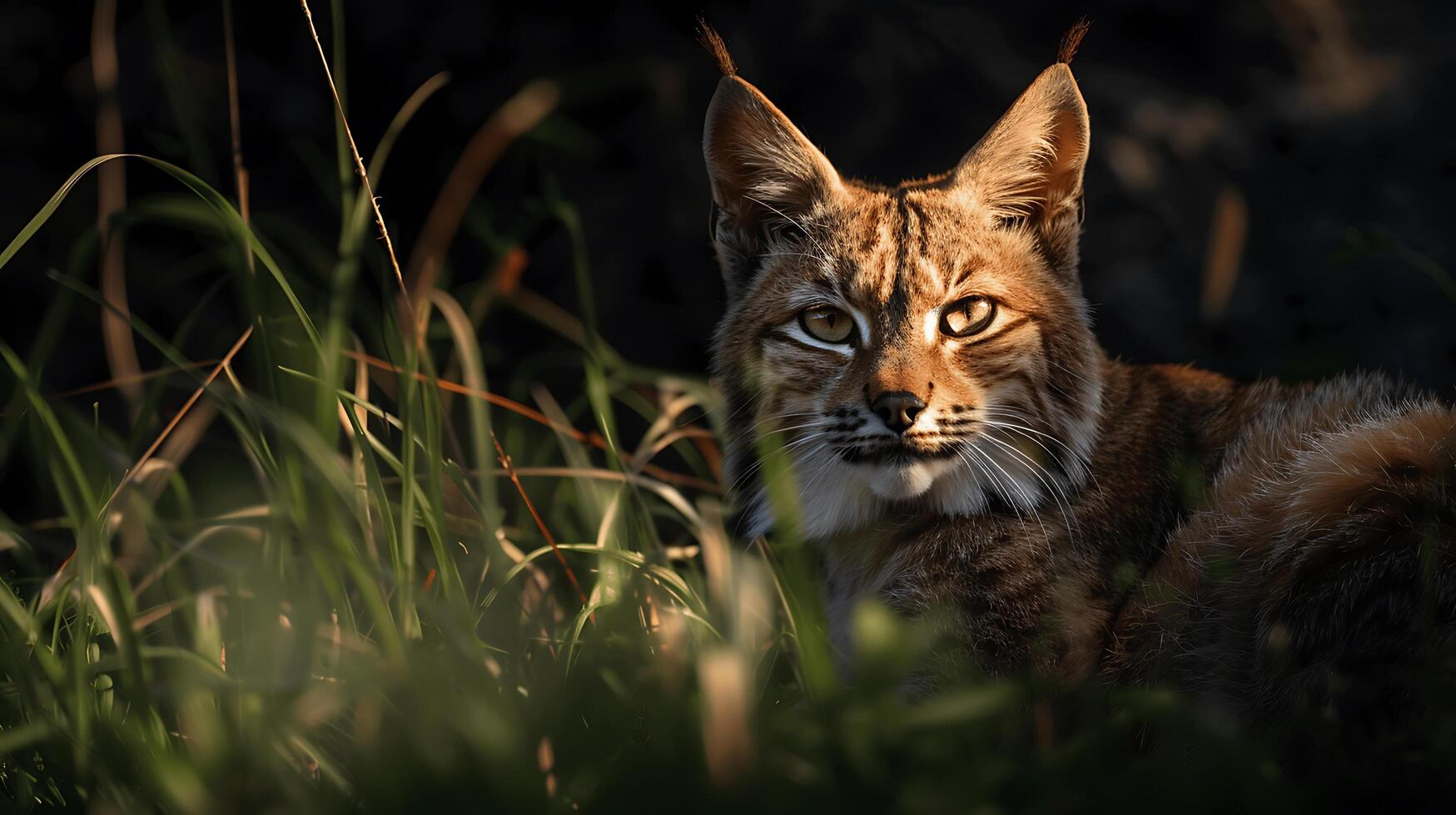 Captivating and Majestic Lynx in Natural Habitat, Bathed in Soft Glow of Evening Light Surrounded by Graceful Grass and Nature's Tranquility photo