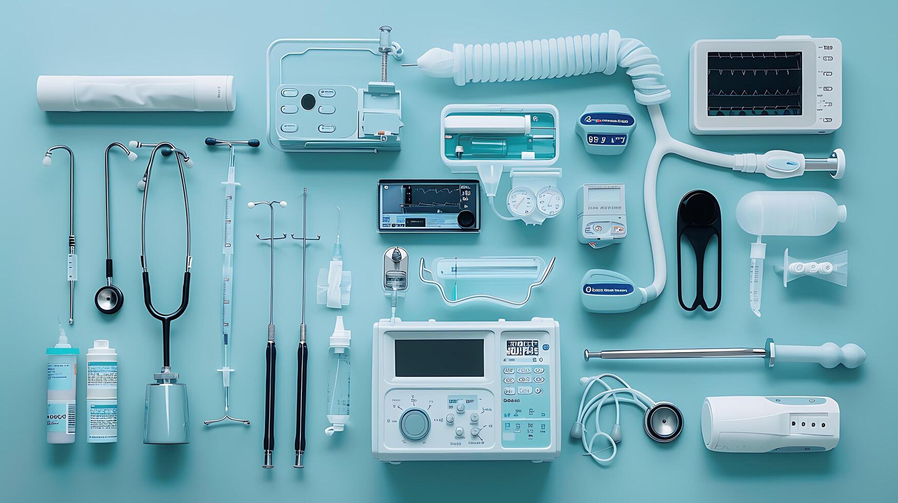 Medical Equipment Collection on Teal Background Featuring Stethoscope, Infusion Pump, Syringes, and Various Diagnostic Instruments for Healthcare Professionals photo