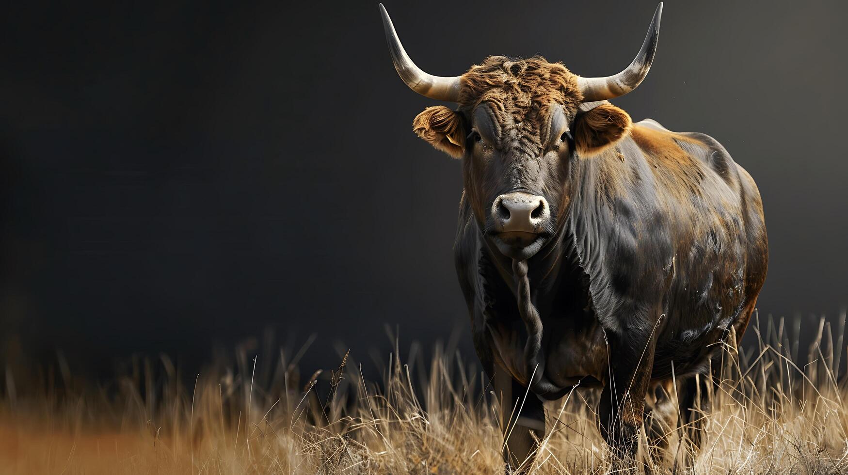 Majestic brown bull standing in a sunlit field surrounded by dry grass, showcasing its impressive horns and strong physique against a dark background for nature photography. photo