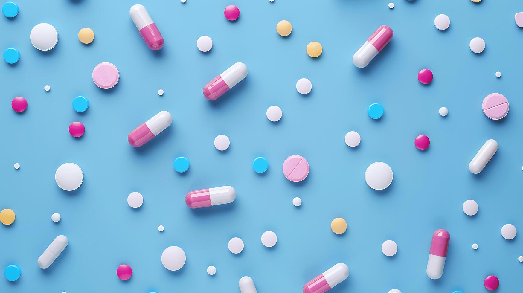 Colorful Medical Capsules and Tablets on Blue Background with Various Sizes and Shapes for Health and Pharmaceutical Themes photo