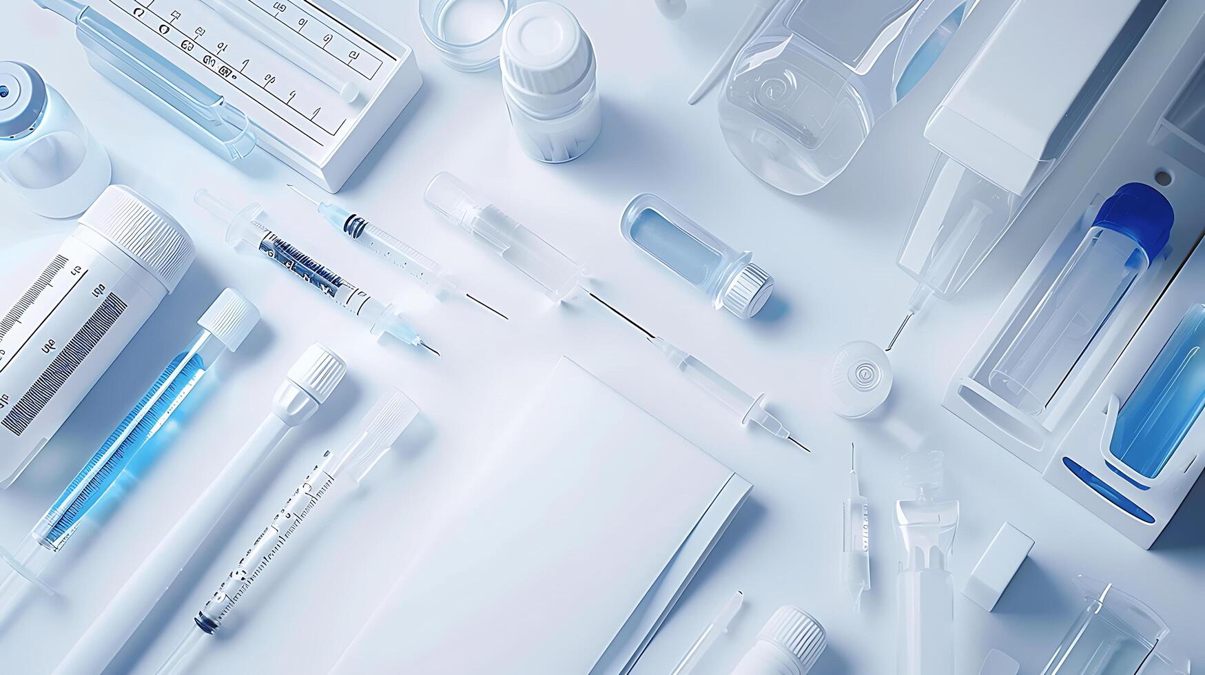 Assorted Medical Supplies and Laboratory Equipment Arranged on a Clean Surface for Healthcare and Scientific Research Imagery photo