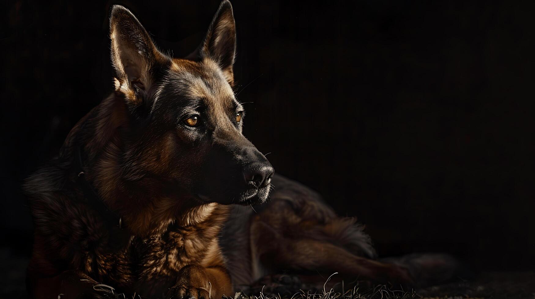 Majestic German Shepherd Dog Resting in Soft Light with Dark Background, Capturing the Grace and Intelligence of a Beloved Canine Companion photo