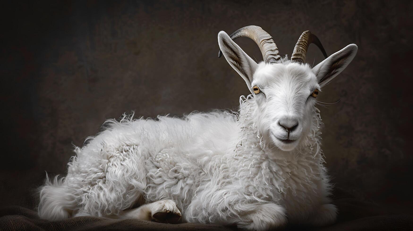 Majestic White Goat with Curly Fur Relaxing Gracefully in Artistic Lighting on Dark Background, Capturing Nature's Beauty and Serene Presence photo