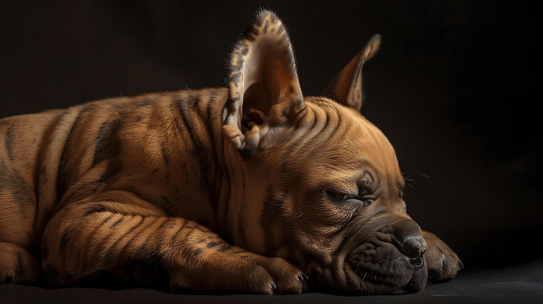Adorable Sleeping Puppy with Unique Stripes Resting on Dark Surface Under Soft Lighting, Capturing Peaceful Moment of Furry Companion in Cozy Setting photo