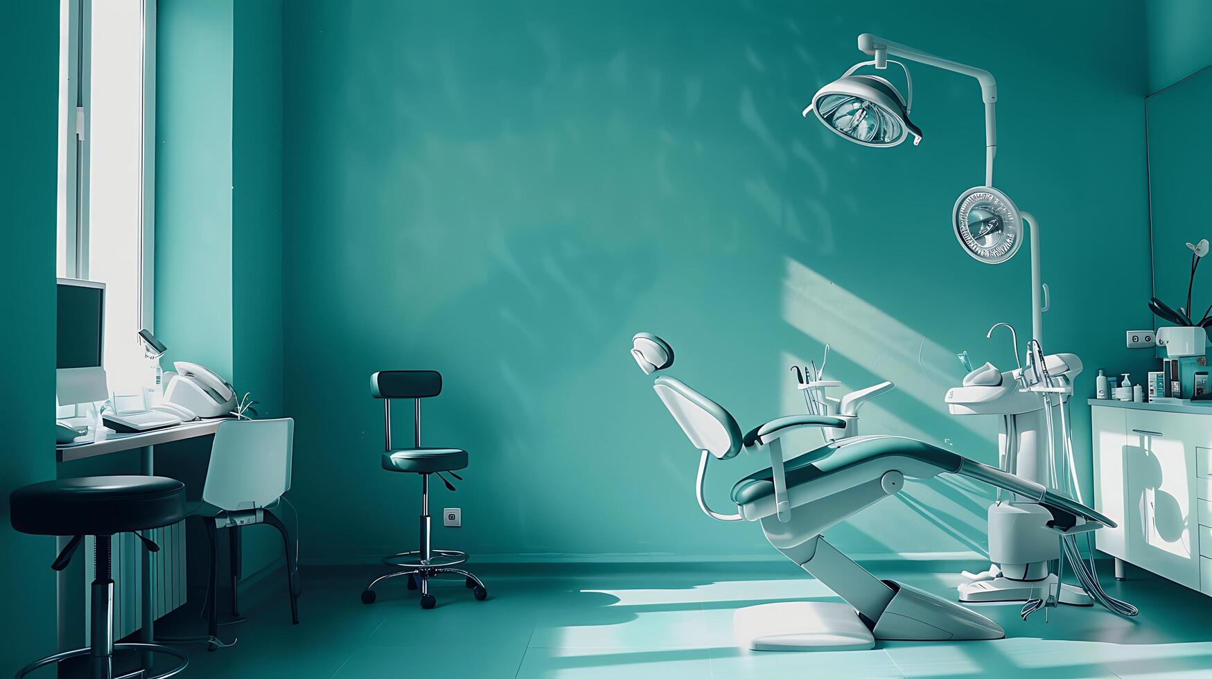 Modern dental clinic interior featuring a bright turquoise color scheme, dental chair, and professional dental equipment in a clean environment. photo