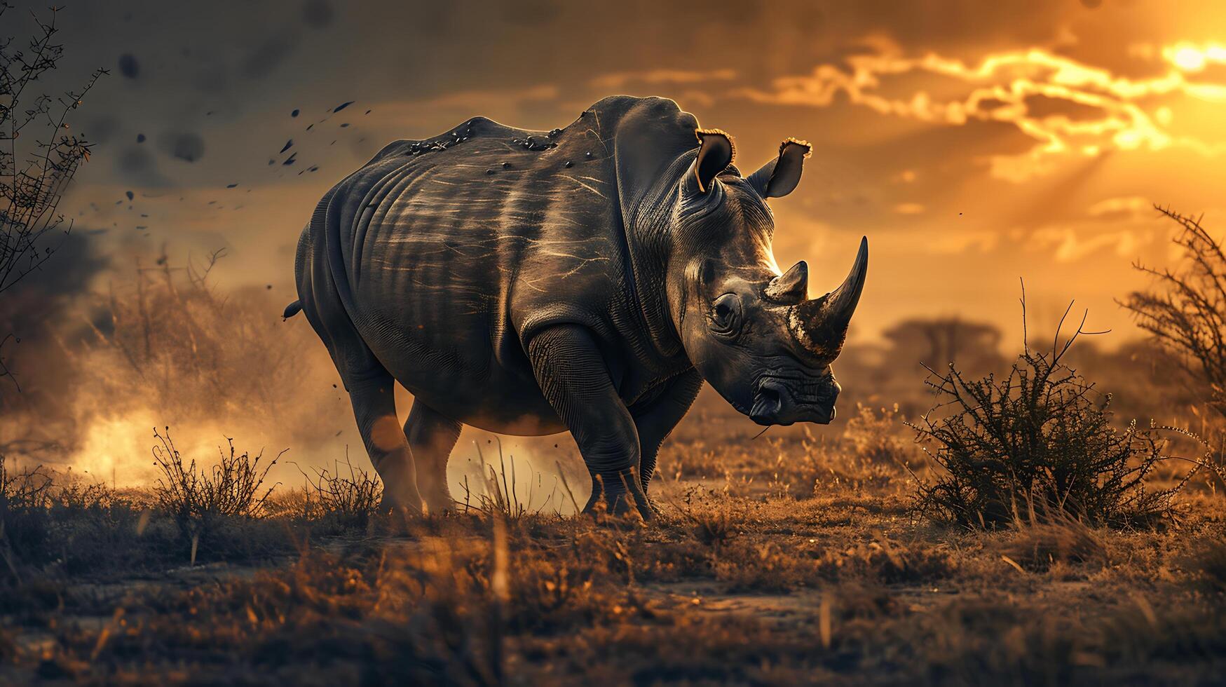 Majestic Rhinoceros Walking Through a Golden Grassland at Sunset, Capturing the Essence of Wildlife in a Vibrant African Landscape photo