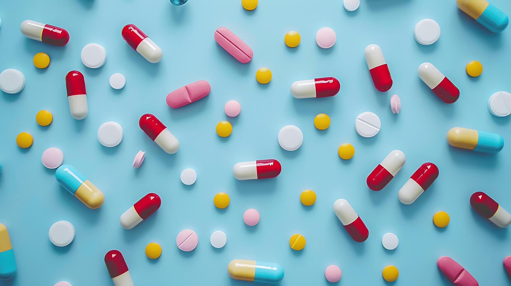 Colorful Assortment of Various Pills and Capsules on Soft Blue Background for Health, Medicine, and Wellness Themes in Stock Photography photo