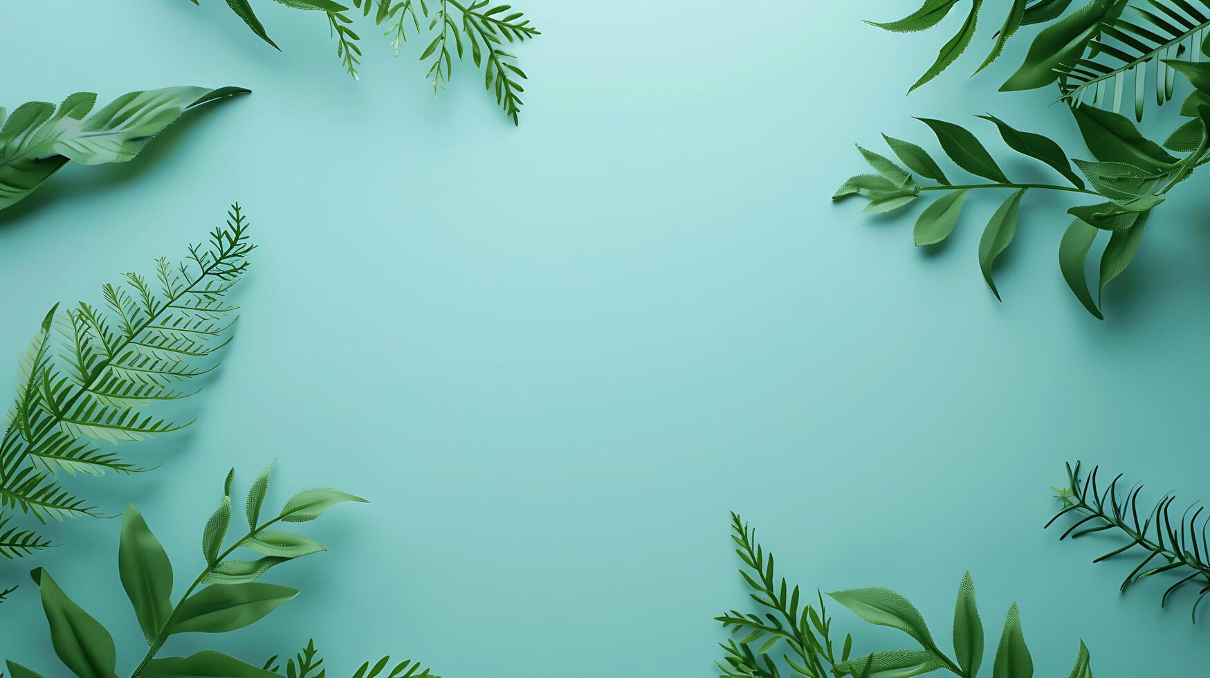 Lush Greenery with Tropical Leaves on Soft Mint Background Creating a Fresh and Natural Atmosphere Perfect for Nature-Inspired Designs and Wellness Themes photo