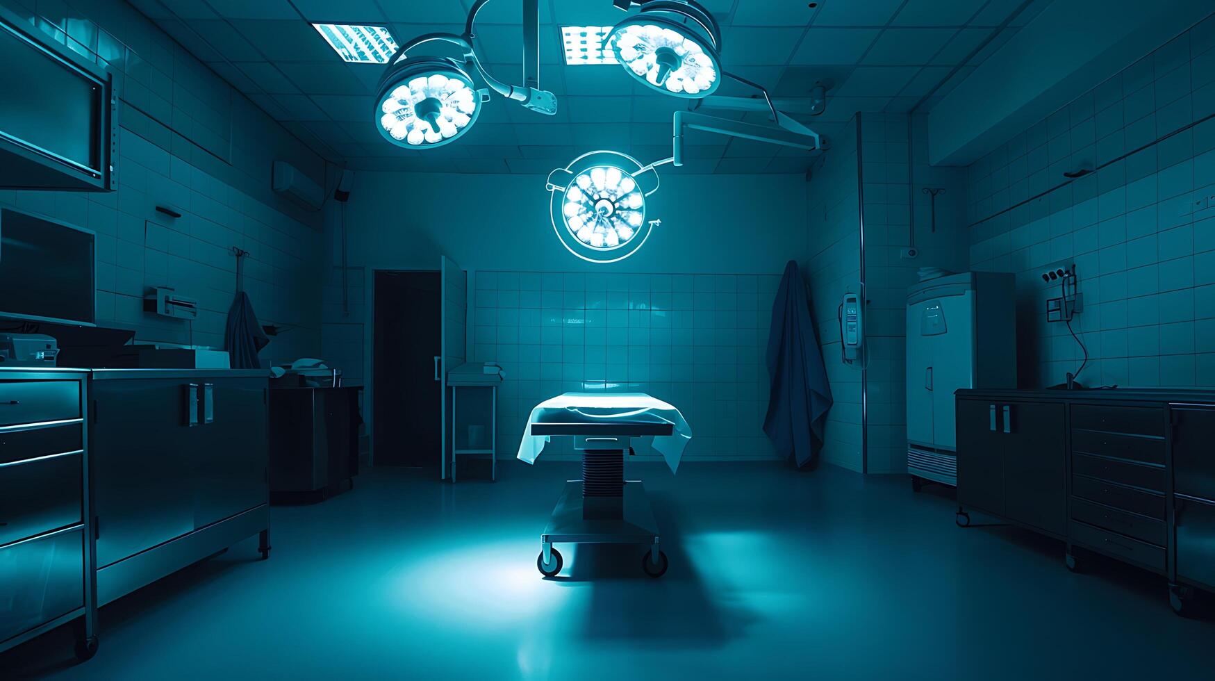 Ethereal Hospital Operating Room with Bright Surgical Lights and Sterile Environment Featuring a Central Surgery Table and High-Tech Equipment photo