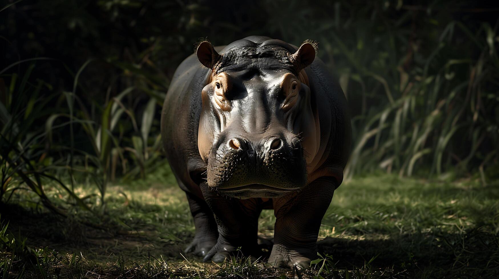 Majestic Hippo in Natural Habitat, Showcasing Unique Features and Expressions, Surrounded by Lush Greenery and Soft Light, Eliciting Nature's Beauty and Wild Spirit photo