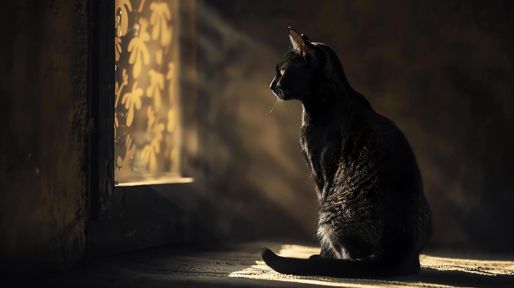 Black Cat Sitting by Window Bathed in Soft Light, Capturing a Quiet Moment of Reflection and Peace in a Cozy Indoor Environment photo
