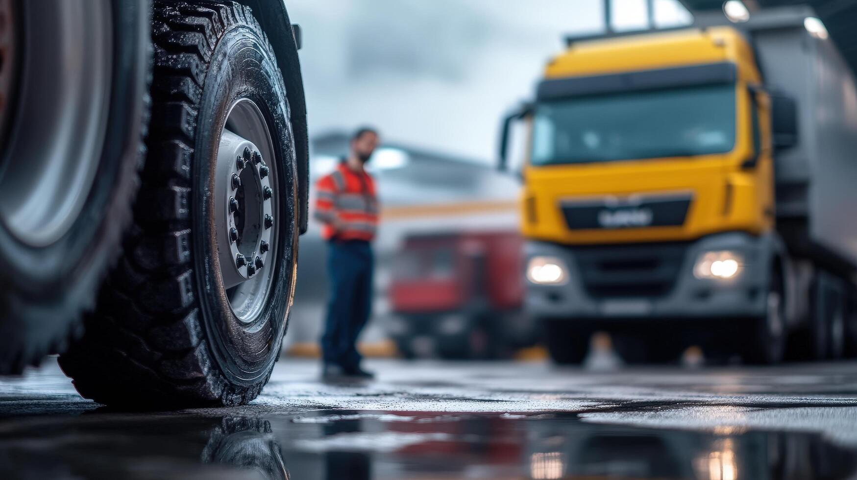 Close-Up of Truck Tire with Blurred Vehicle and Worker in Background photo