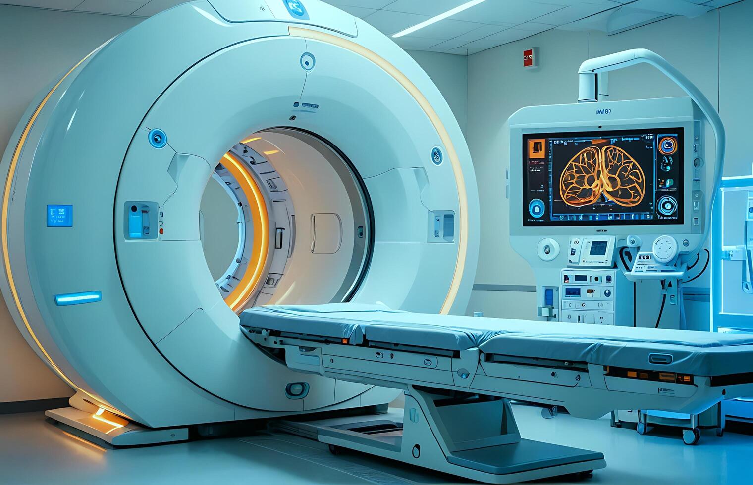 Advanced Medical Imaging Equipment for Brain Scanning in a Modern Hospital Environment with a Focus on Diagnostic Technology and Patient Care photo
