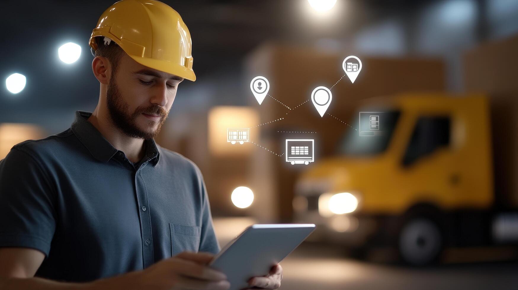 Warehouse Worker Utilizing Tablet for Inventory Management and Tracking photo