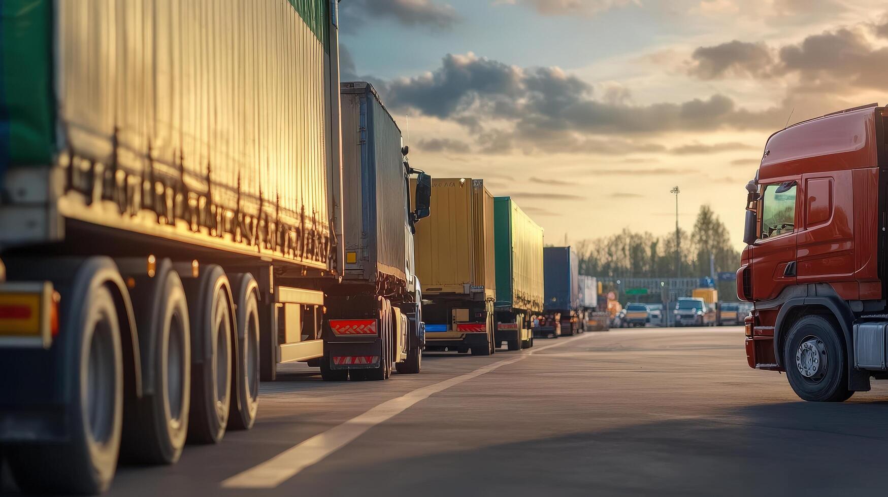 Trucks Lined Up at a Loading Dock During Sunset in Logistics Hub photo