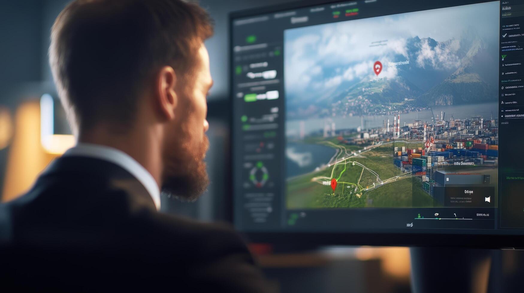 Businessman Analyzing Data on Computer Screen in Modern Office photo