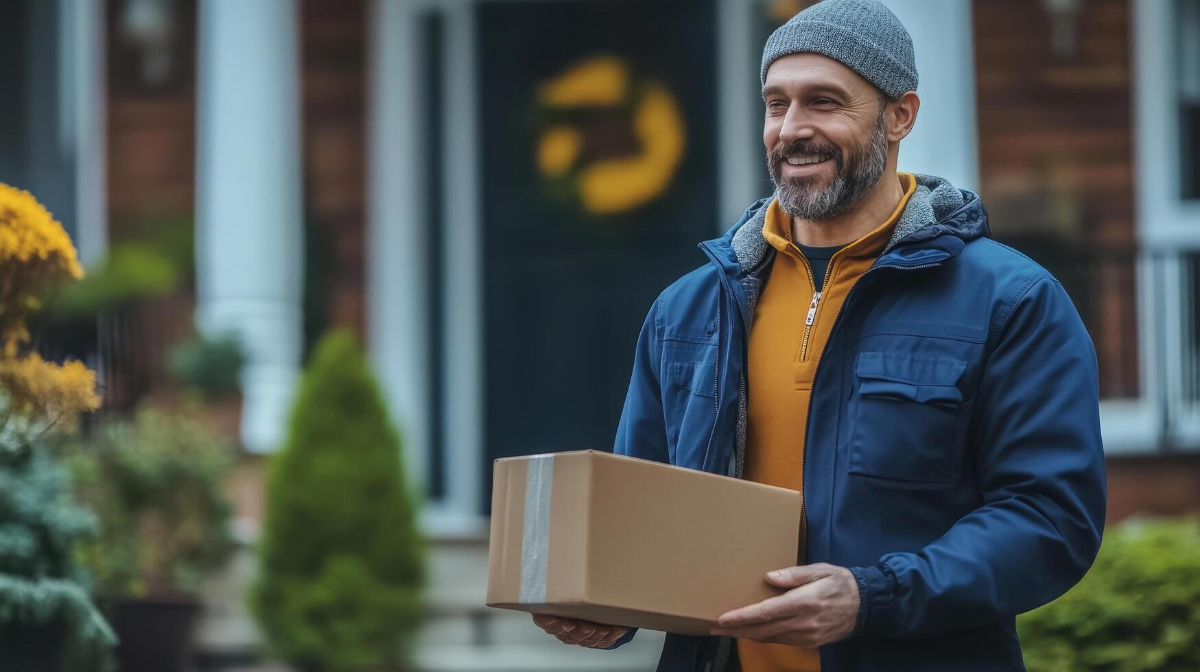 Smiling Man Delivering Package at Front Door of Home in Autumn photo