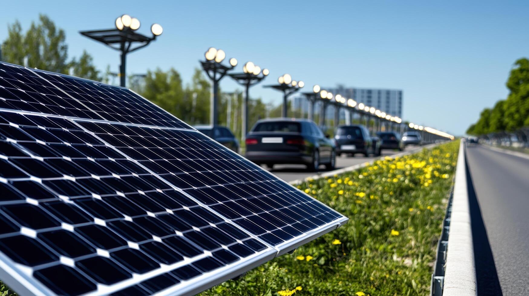 Solar Panel on Roadside with Cars and Street Lamps in Daylight photo