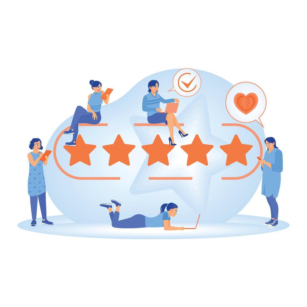 A group of people gave a five-star rating with digital devices. vector