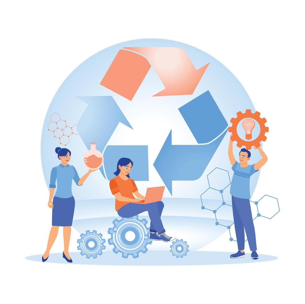 Teams collaborate on sustainable innovation with recycling and renewable energy symbols. vector