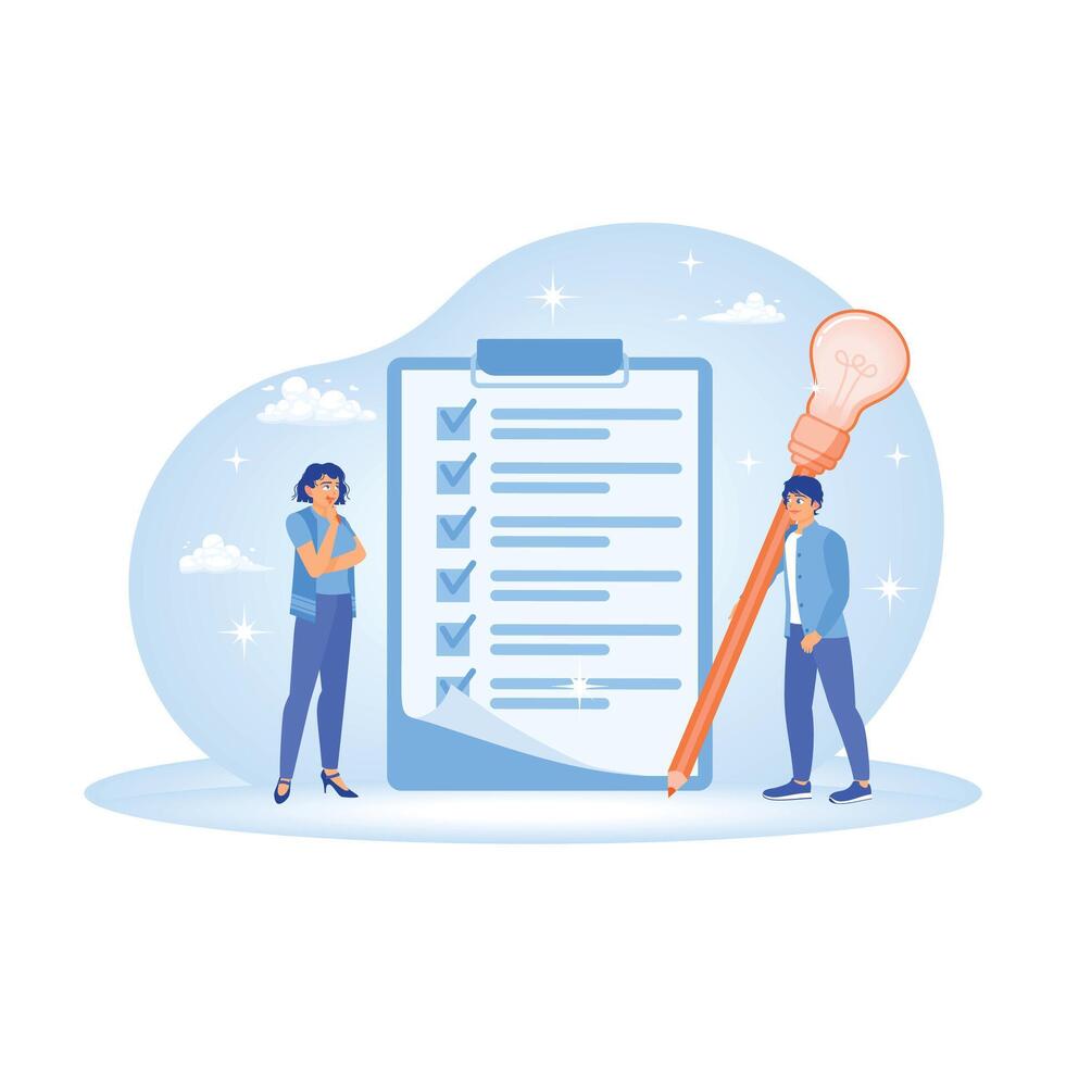 Women complete surveys with light bulb pencils. vector
