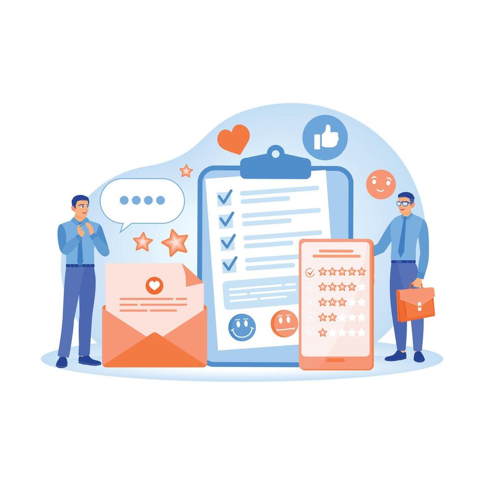 Customer surveys on clipboard, mobile, and email. vector